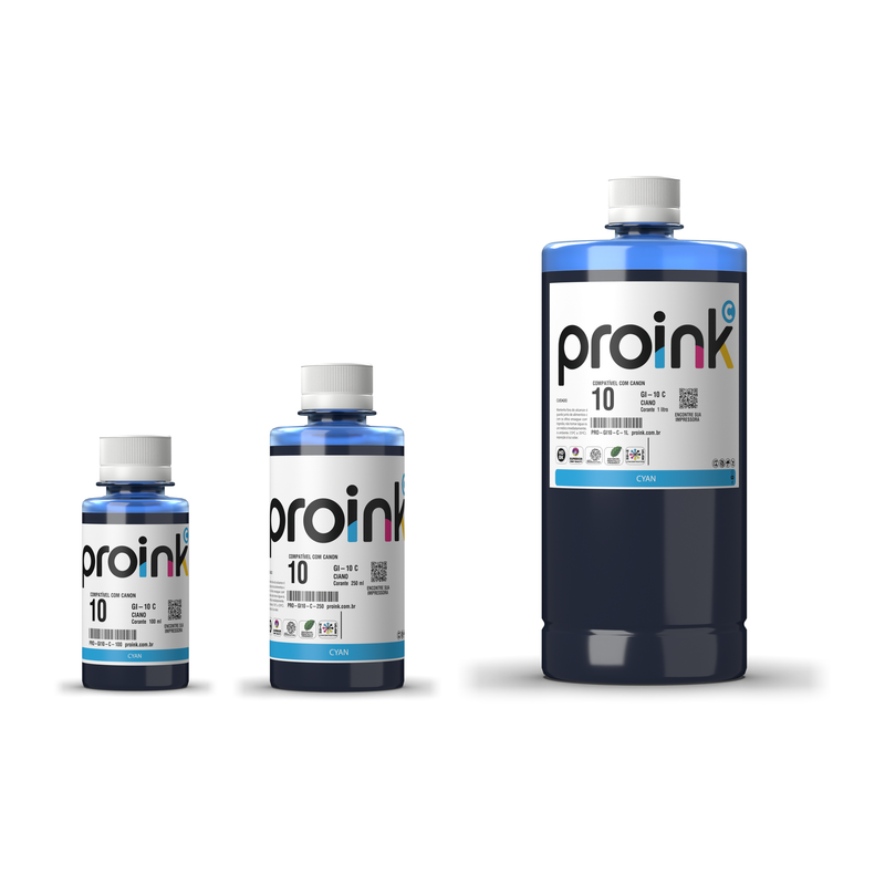 Tinta Proink ciano GI-10 nos tamanhos 100 ml, 250 ml e 1 litro