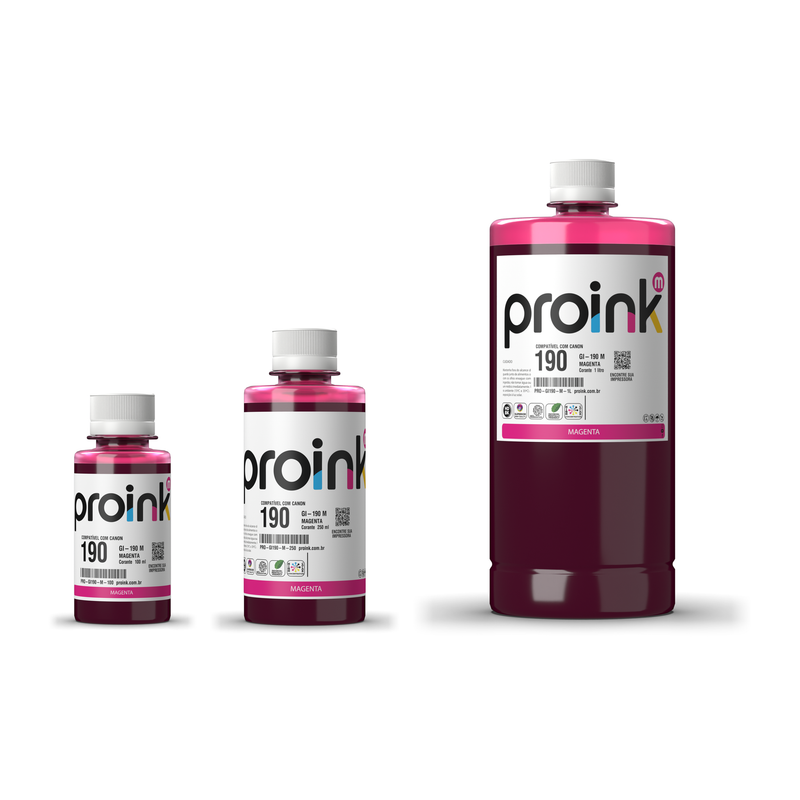 Tinta Proink magenta GI-190 nos tamanhos 100 ml, 250 ml e 1 litro