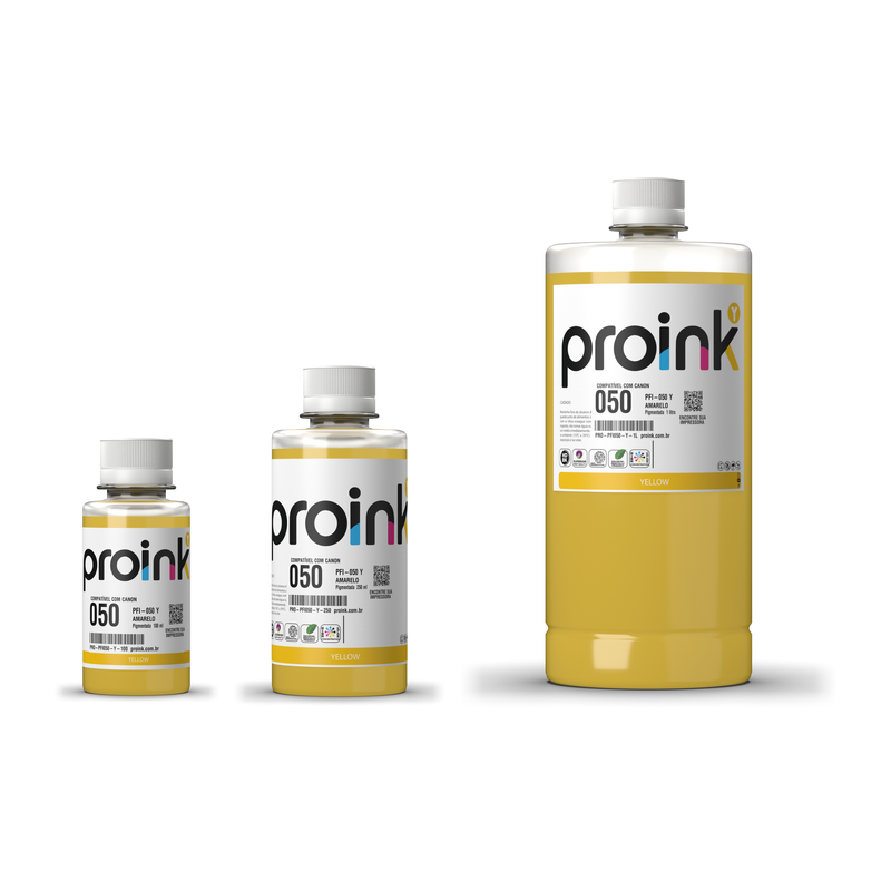 Tinta Proink amarela PFI-050 nos tamanhos 100 ml, 250 ml e 1 litro