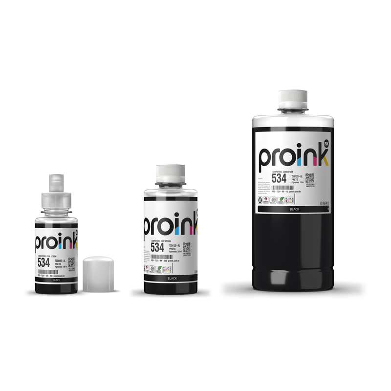 Tinta Proink preta T534 nos tamanhos 100 ml, 250 ml e 1 litro