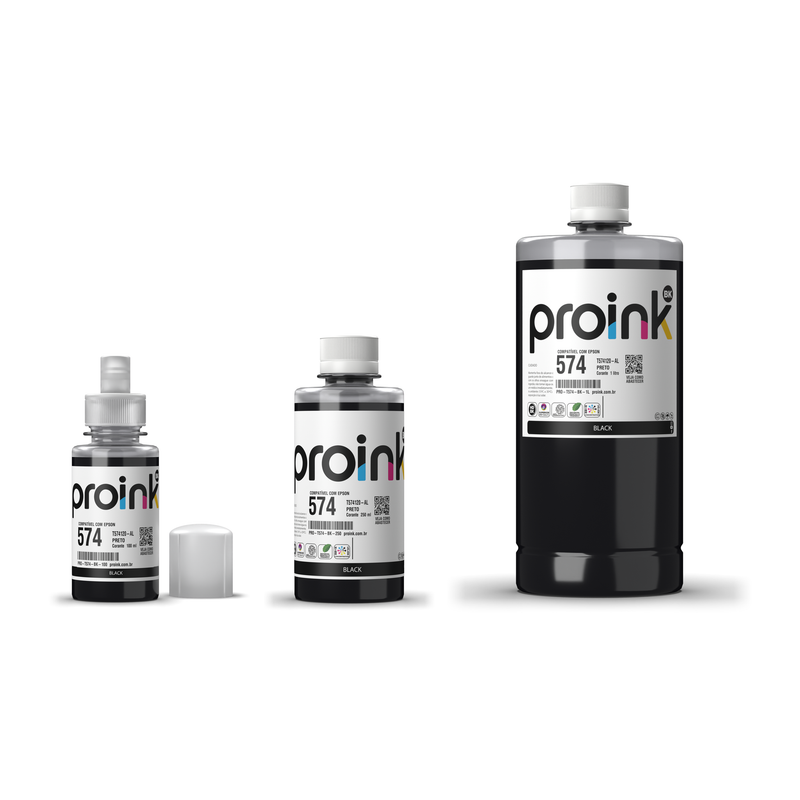 Tinta Proink preta T574 nos tamanhos 100 ml, 250 ml e 1 litro