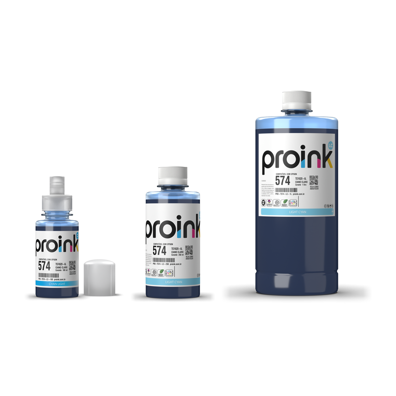 Tinta Proink ciano claro T574 nos tamanhos 100 ml, 250 ml e 1 litro