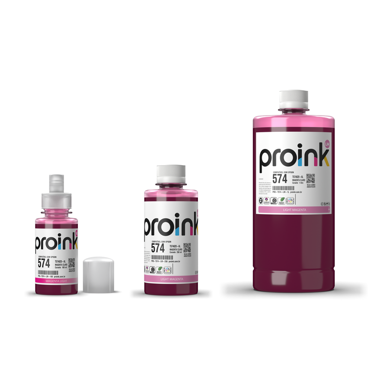 Tinta Proink magenta claro T574 nos tamanhos 100 ml, 250 ml e 1 litro