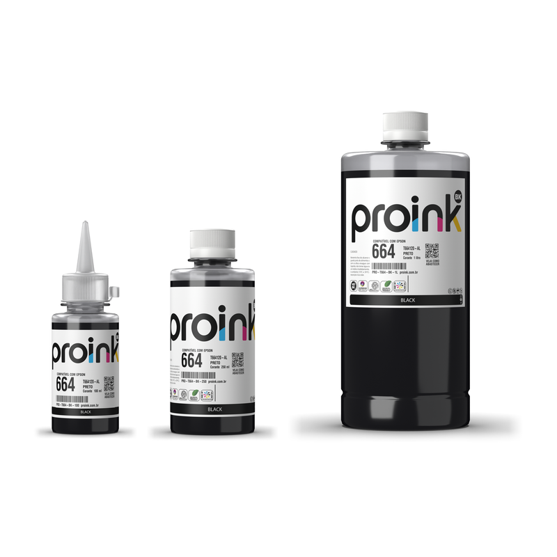 Tinta Proink preta T664 nos tamanhos 100 ml, 250 ml e 1 litro
