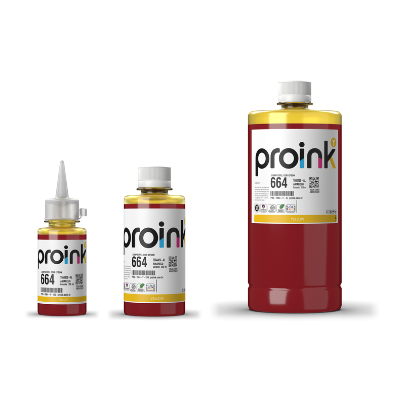 Tinta Proink amarela T664 nos tamanhos 100 ml, 250 ml e 1 litro