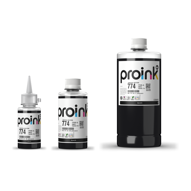 Tinta Proink preta T774 nos tamanhos 100 ml, 250 ml e 1 litro