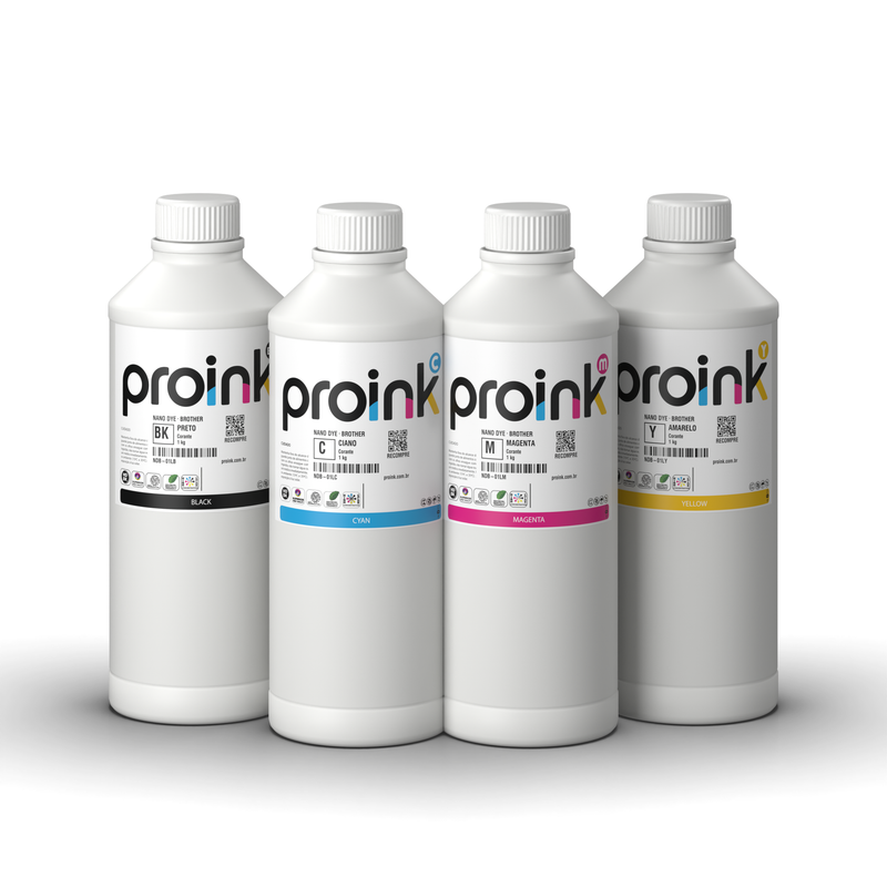 Kit Tinta Brother Corante NANO DYE Proink com 4 garrafas de 1 kg: preto, ciano, magenta e amarelo (KIT-NDB)