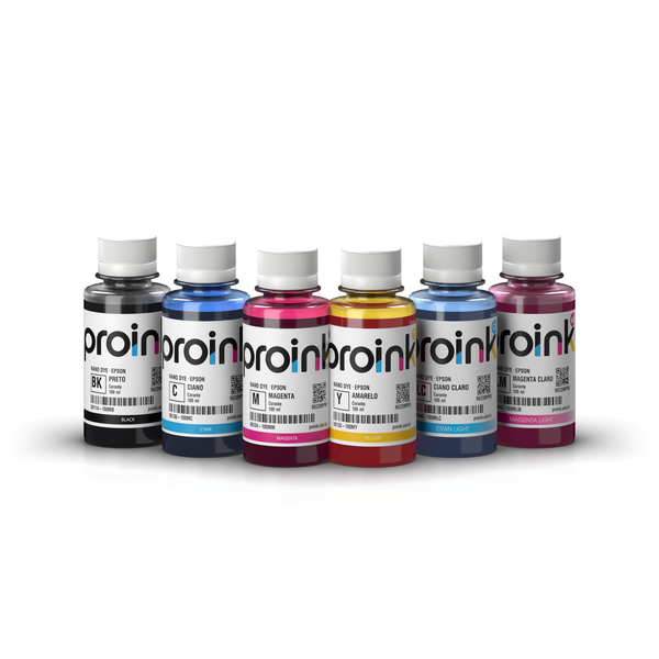 Kit Tinta Epson Corante NANO DYE Proink com 6 frascos de 100 ml: preto, ciano, magenta, amarelo, ciano claro e magenta claro (KIT-COR6-100)