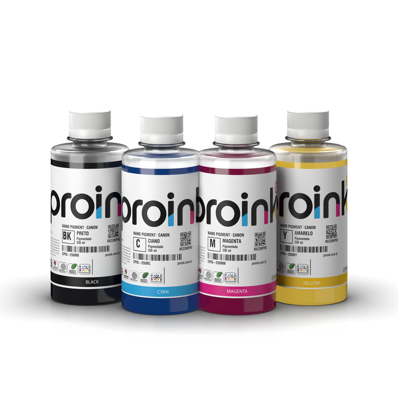 Kit Tinta Canon Pigmentada NANO PIGMENT Proink com 4 garrafas de 250 ml: preto, ciano, magenta e amarelo (KIT-CPIG-250)