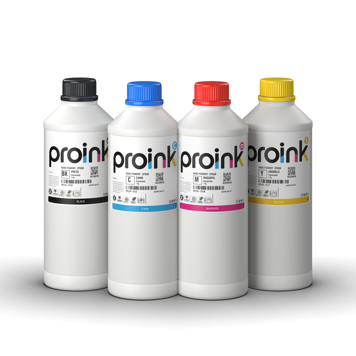 Kit Tinta Epson Pigmentada NANO PIGMENT Proink com 4 garrafas de 1 kg: preto, ciano, magenta e amarelo (KIT-EPLUS-1KG)