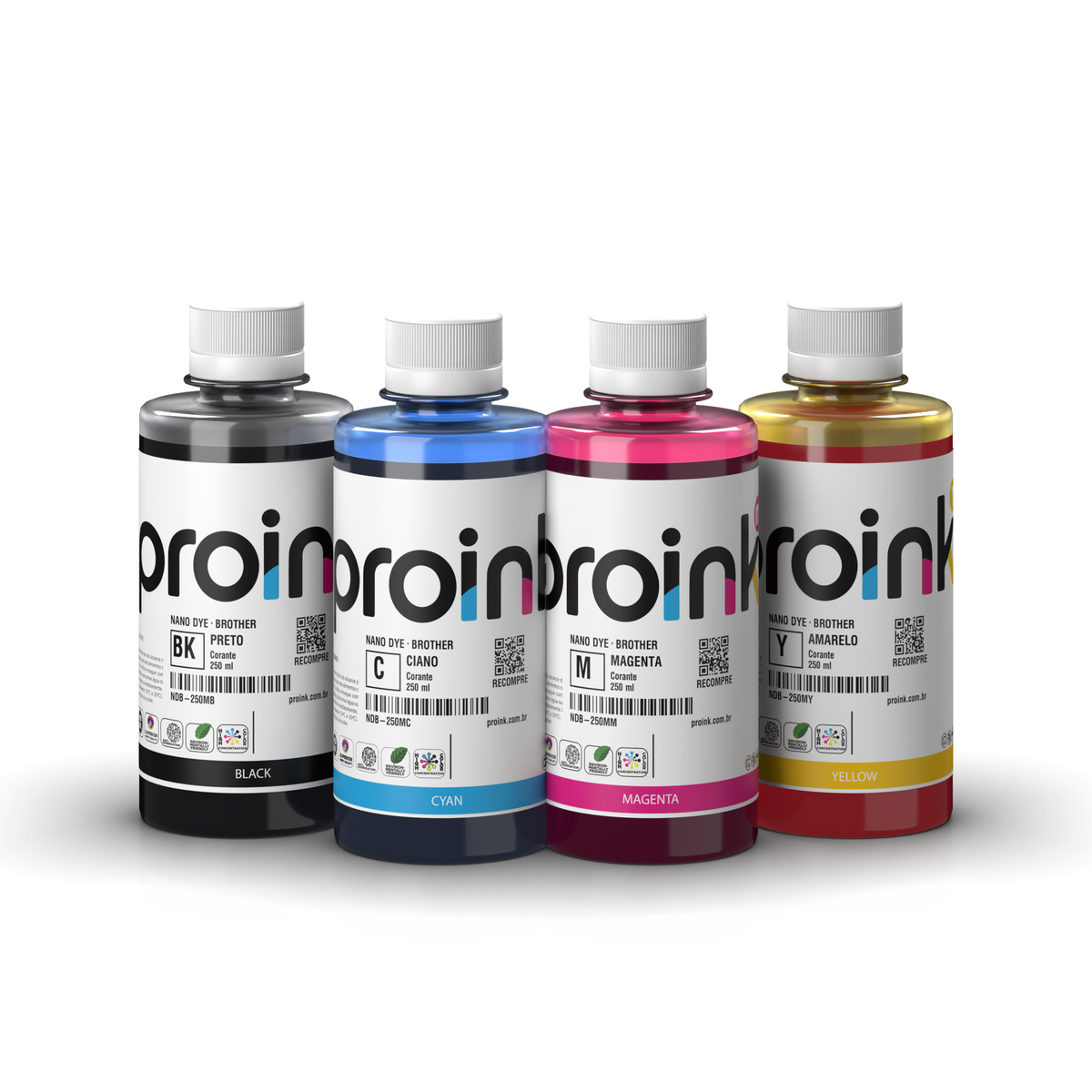 Kit Tinta Brother Corante NANO DYE Proink com 4 frascos de 250 ml: preto, ciano, magenta e amarelo (KIT-NDB-250)