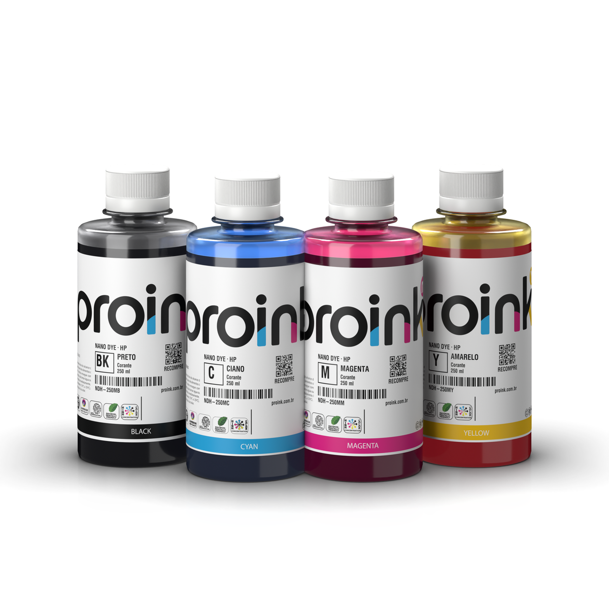 Kit Tinta HP Corante NANO DYE Proink com 4 garrafas de 250 ml: preto, ciano, magenta e amarelo (KIT-NDH-250)
