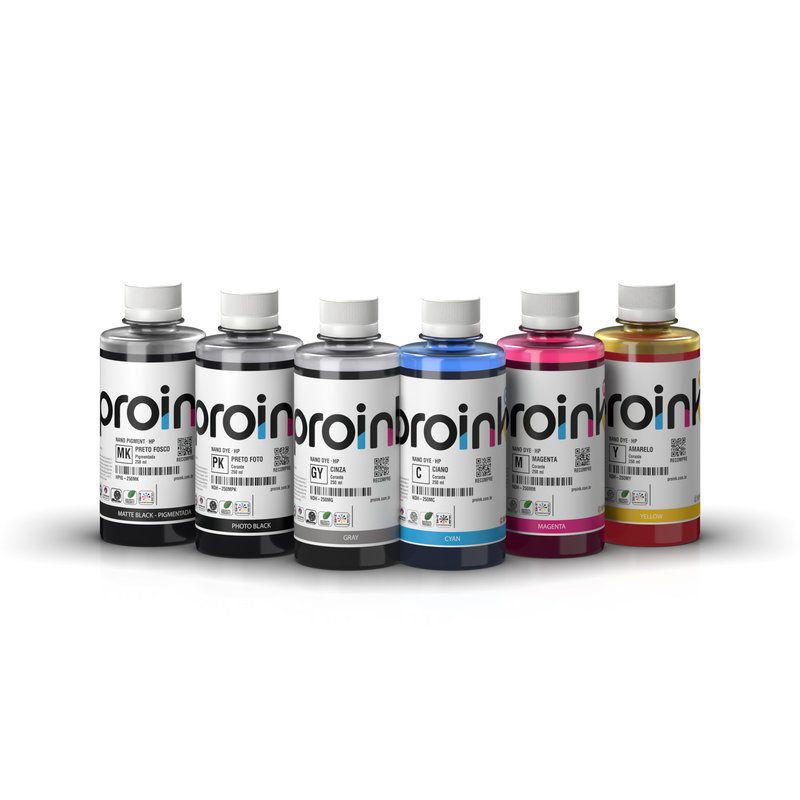 Kit Tinta HP DesignJet 72 e 727 Proink com 6 frascos de 250 ml: preto fosco pigmentado, preto foto, cinza, ciano, magenta e amarelo (KIT-PD250)