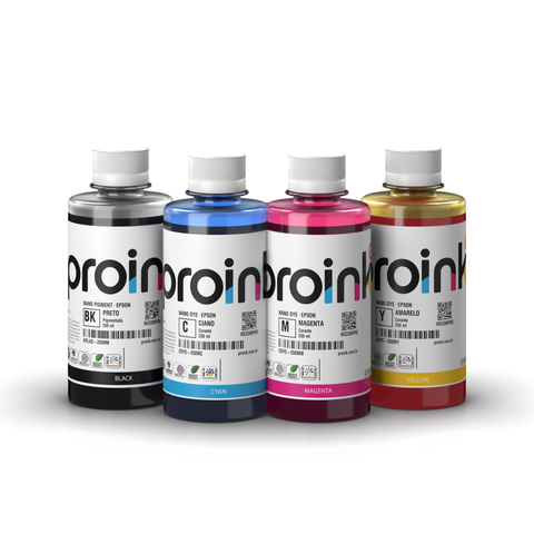 Kit Tinta Epson Proink com 4 garrafas de 250 ml: preto pigmentado NANO PIGMENT e ciano, magenta e amarelo corante NANO DYE (KIT-PIG-DYE)