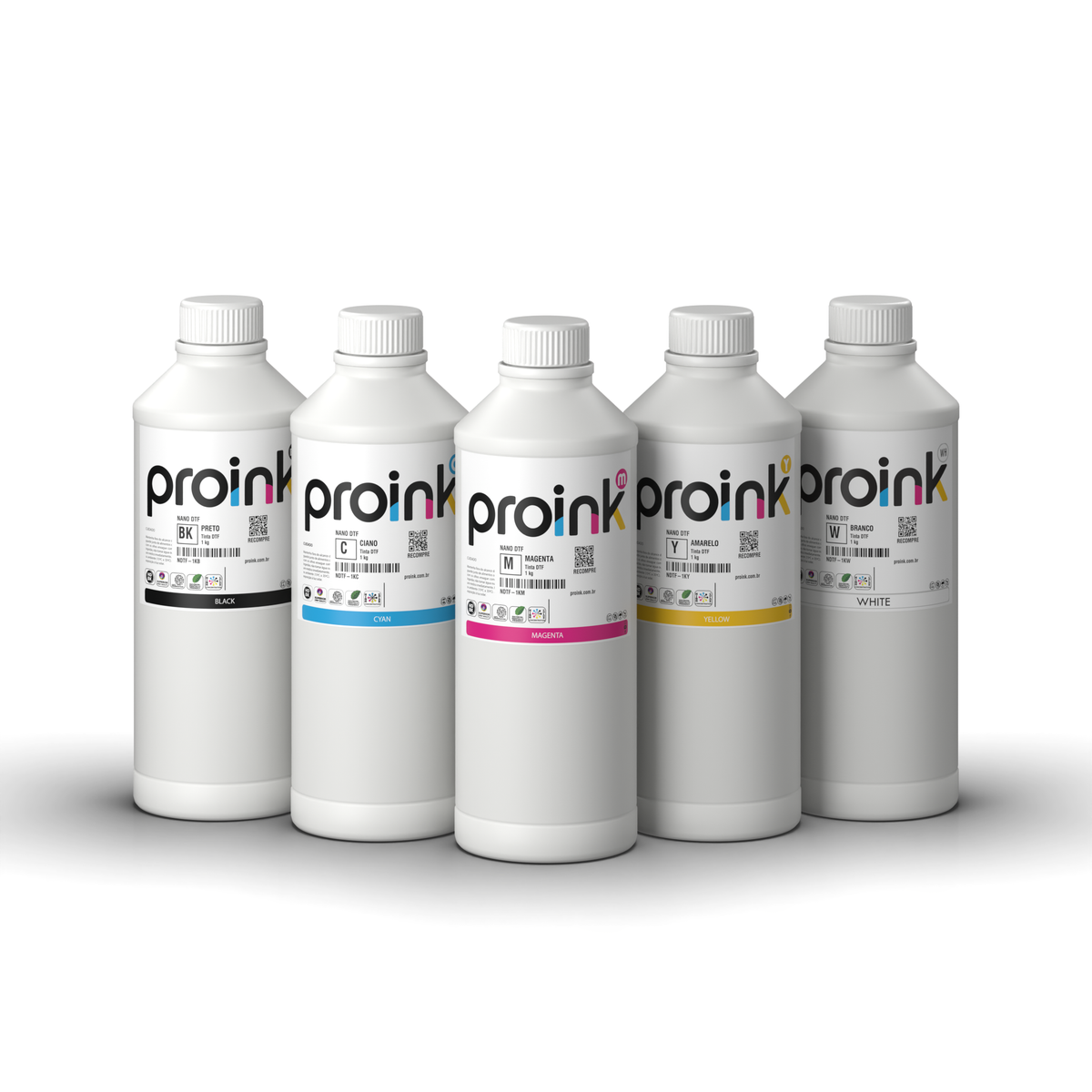 Kit Tinta DTF NANO DTF Proink com 5 garrafas de 1 kg: preto, ciano, magenta, amarelo e branco (KIT5-NDTF-1K)
