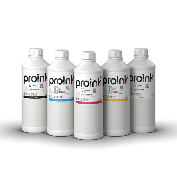 Kit Tinta DTF NANO DTF Proink com 5 garrafas de 1 kg: preto, ciano, magenta, amarelo e branco (KIT5-NDTF-1K)
