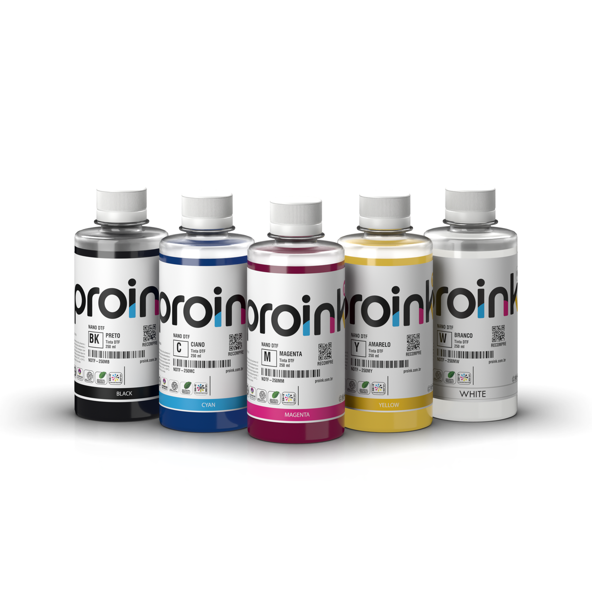 Kit Tinta DTF NANO DTF Proink com 5 frascos de 250 ml: preto, ciano, magenta, amarelo e branco (KIT5-NDTF-250M)