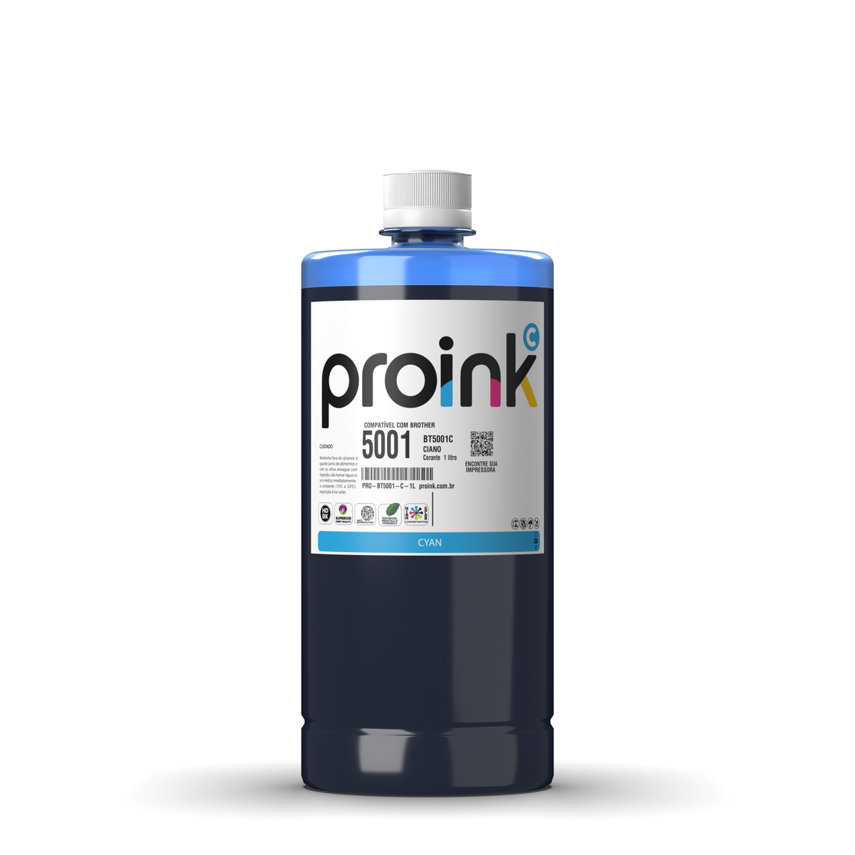 Tinta Proink ciano 1 litro com tampa de rosca, compatível com Brother BT5001
