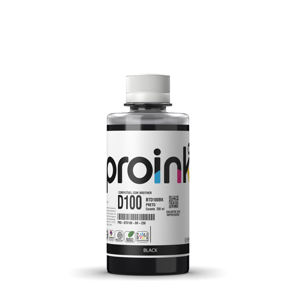 Tinta Proink preta 250 ml com tampa de rosca, compatível com Brother BTD100