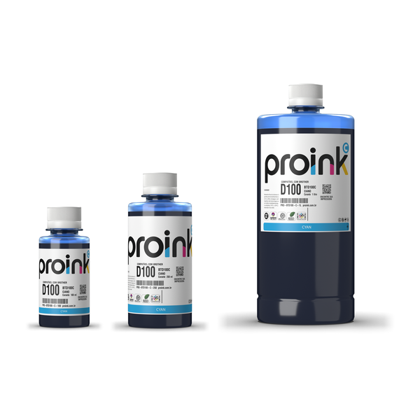 Tinta Proink ciano BTD100 nos tamanhos 100 ml, 250 ml e 1 litro