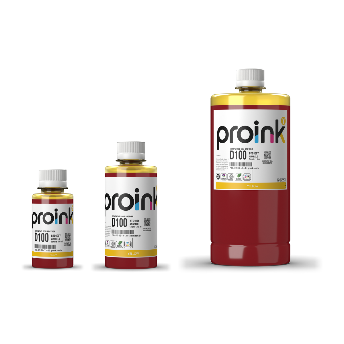 Tinta Proink amarela BTD100 nos tamanhos 100 ml, 250 ml e 1 litro