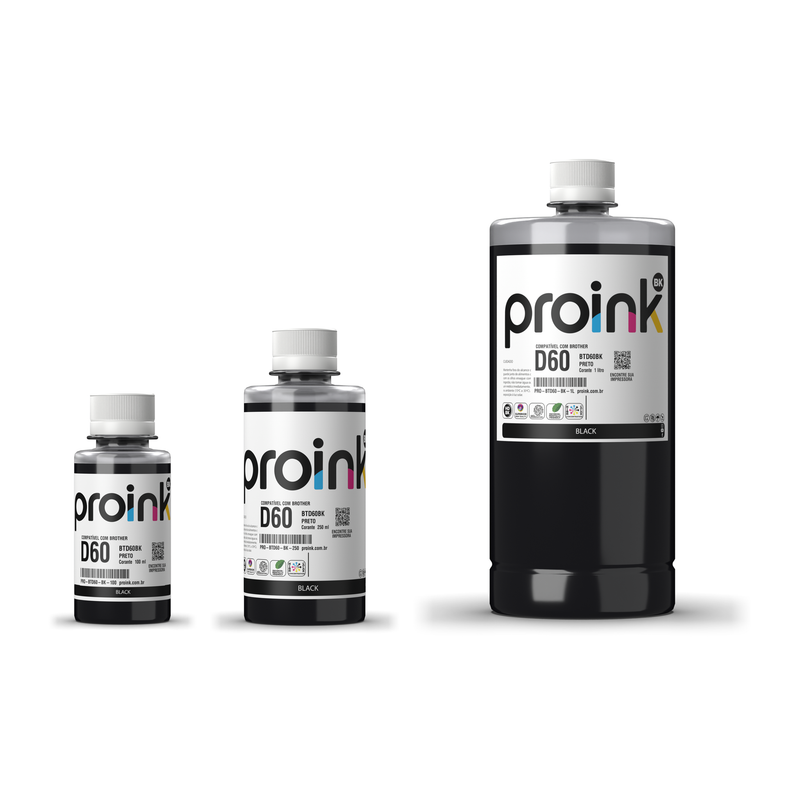 Tinta Proink preta BTD60 nos tamanhos 100 ml, 250 ml e 1 litro