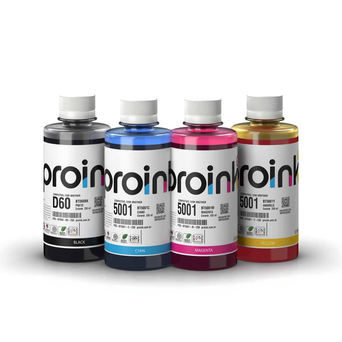 Kit de tintas Proink nas 4 cores, 250 ml com tampa de rosca, compatível com Brother BTD60 + BT5001