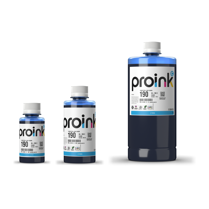Tinta Proink ciano GI-190 nos tamanhos 100 ml, 250 ml e 1 litro