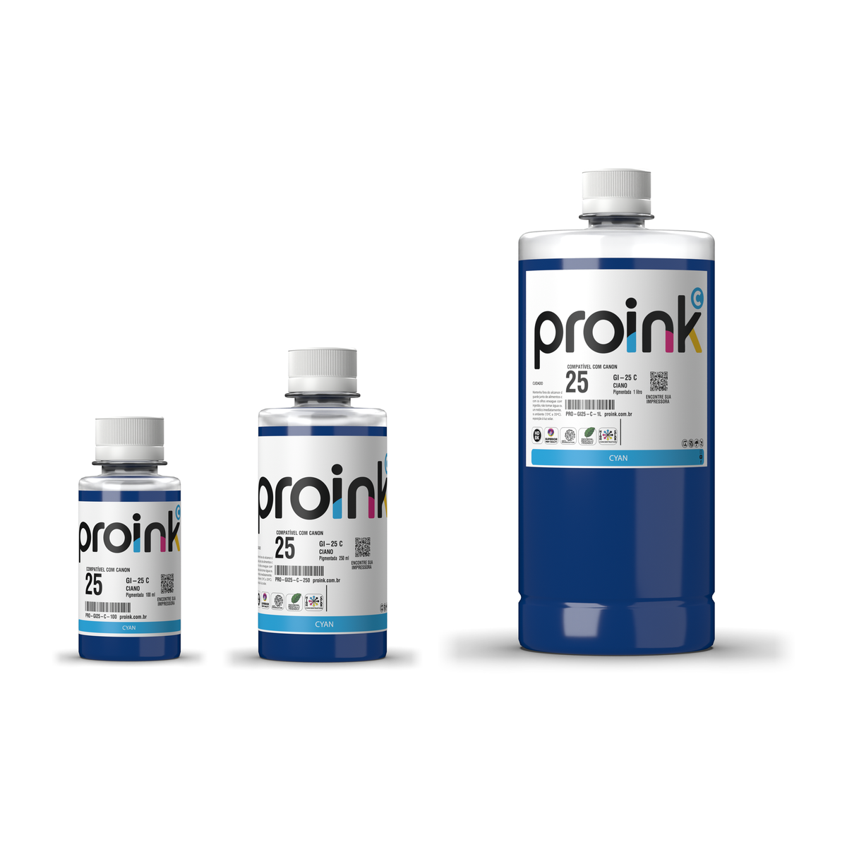 Tinta Proink ciano GI-25 nos tamanhos 100 ml, 250 ml e 1 litro