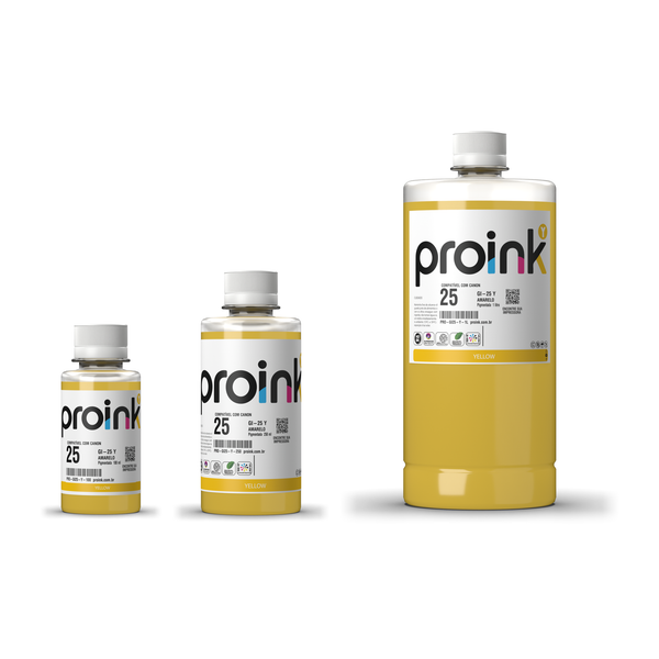 Tinta Proink amarela GI-25 nos tamanhos 100 ml, 250 ml e 1 litro