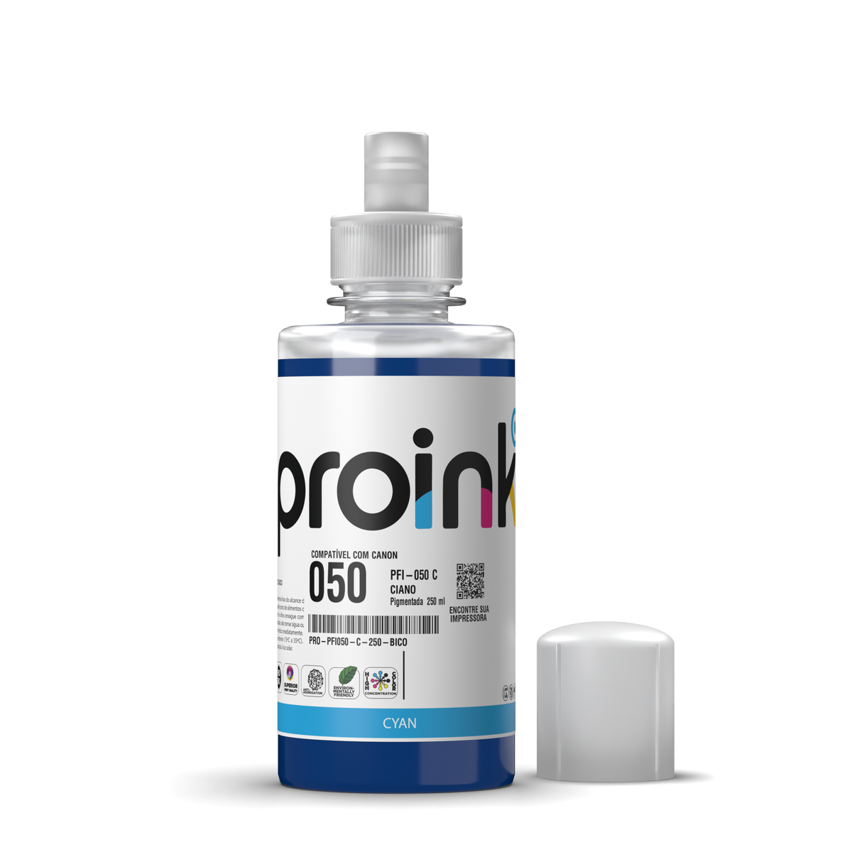 Tinta Proink ciano 250 ml com bico EcoFit, compatível com Canon PFI-050