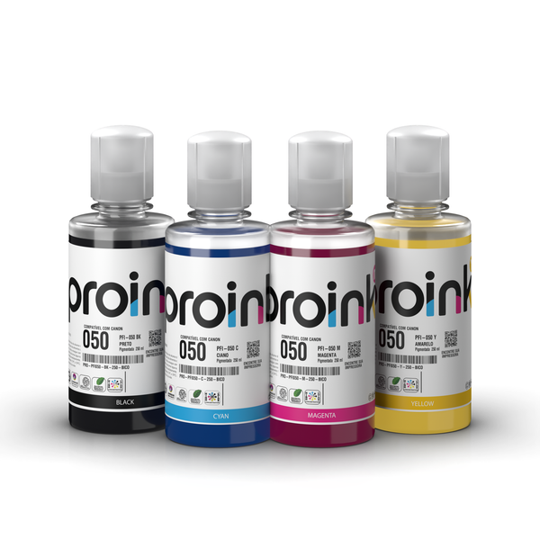 Kit de tintas Proink nas 4 cores, 250 ml com bico EcoFit, compatível com Canon PFI-050