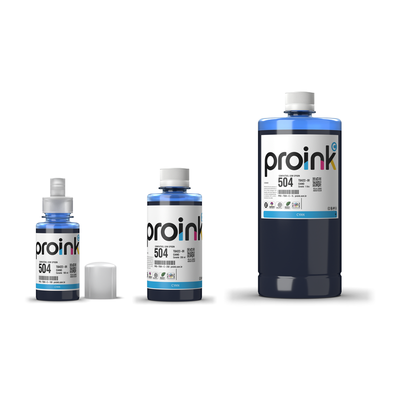 Tinta Proink ciano T504 nos tamanhos 100 ml, 250 ml e 1 litro