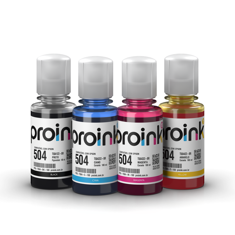 Kit de tintas Proink nas 4 cores, 100 ml com bico EcoFit, compatível com Epson T504