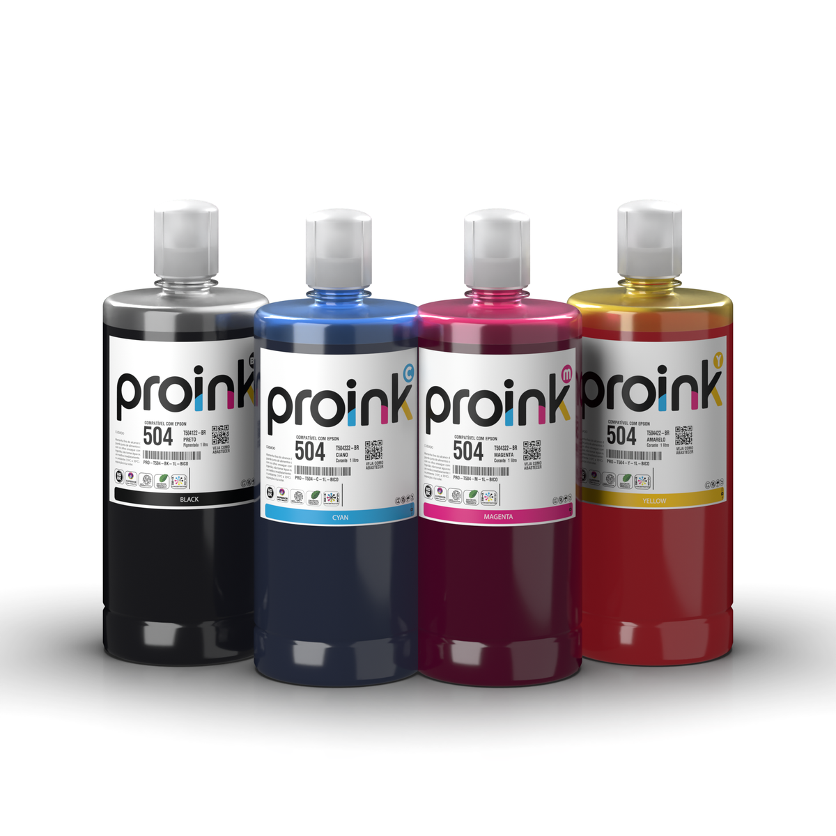 Kit de tintas Proink nas 4 cores, 1 litro com bico EcoFit, compatível com Epson T504