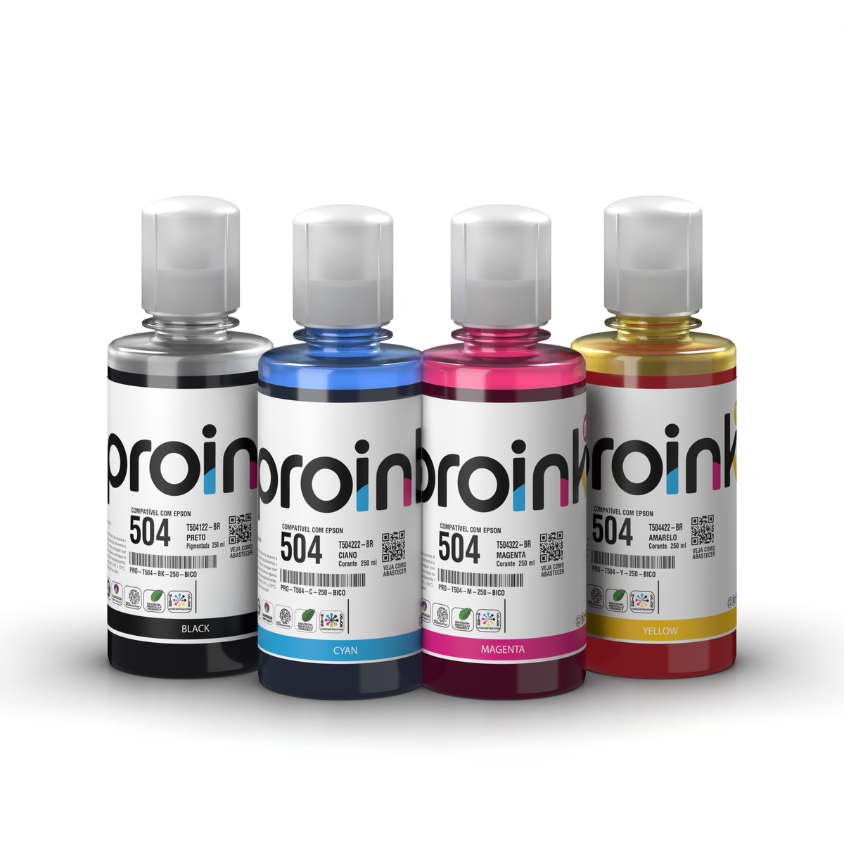 Kit de tintas Proink nas 4 cores, 250 ml com bico EcoFit, compatível com Epson T504