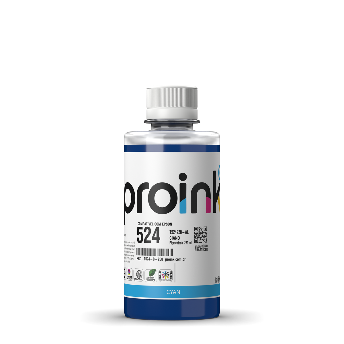 Tinta Proink ciano 250 ml com tampa de rosca, compatível com Epson T524