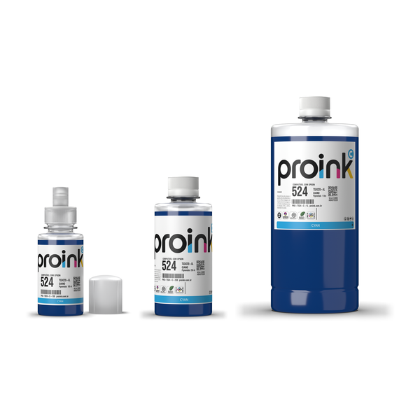 Tinta Proink ciano T524 nos tamanhos 100 ml, 250 ml e 1 litro