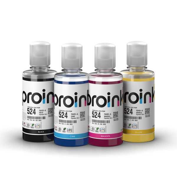 Kit de tintas Proink nas 4 cores, 250 ml com bico EcoFit, compatível com Epson T524