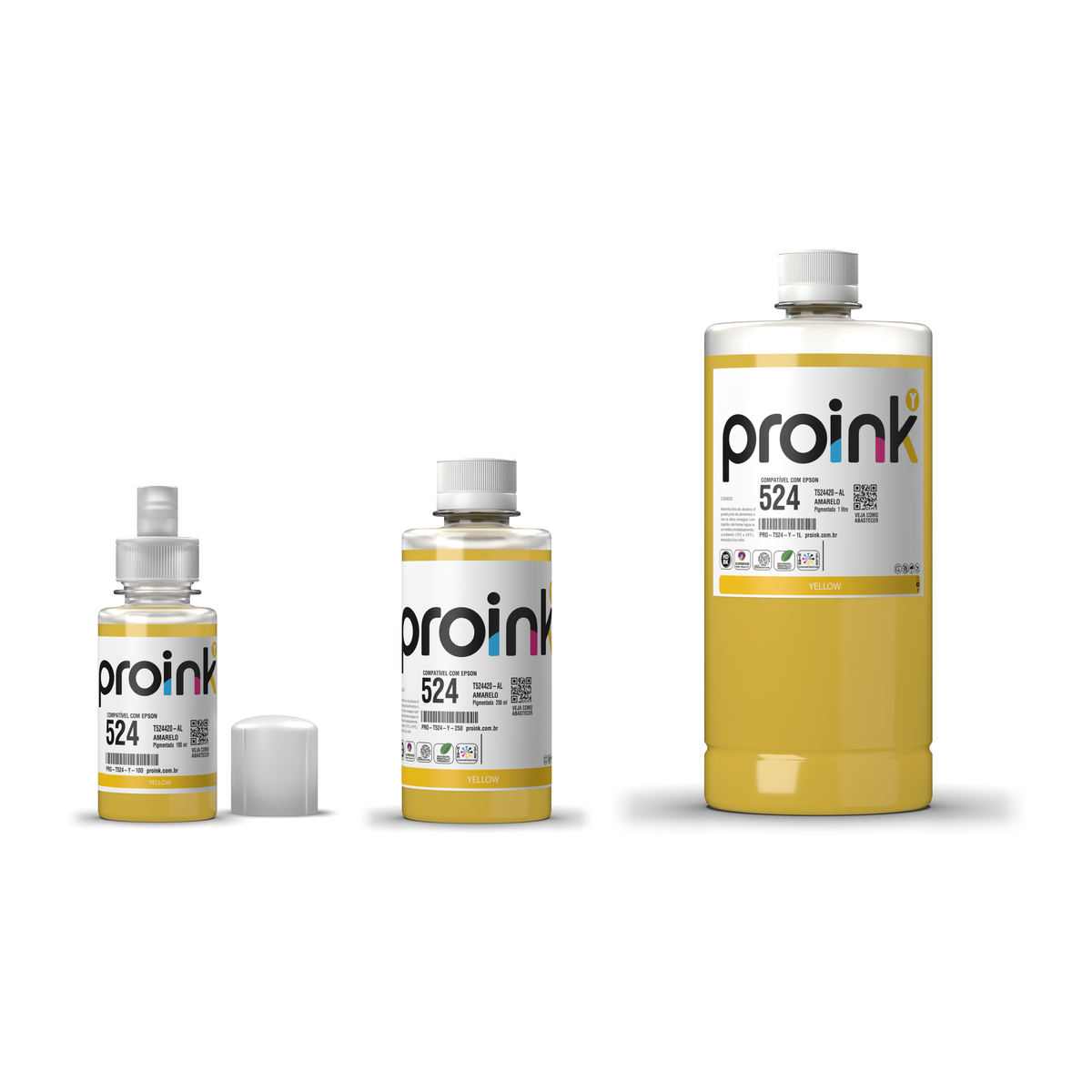Tinta Proink amarela T524 nos tamanhos 100 ml, 250 ml e 1 litro