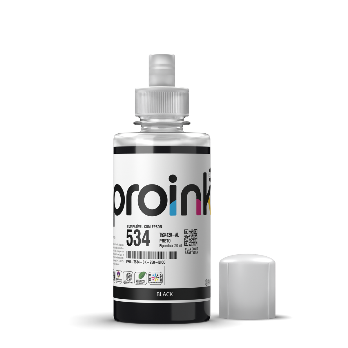 Tinta Proink preta 250 ml com bico EcoFit, compatível com Epson T534