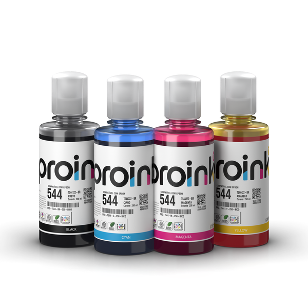 Kit de tintas Proink nas 4 cores, 250 ml com bico EcoFit, compatível com Epson T544