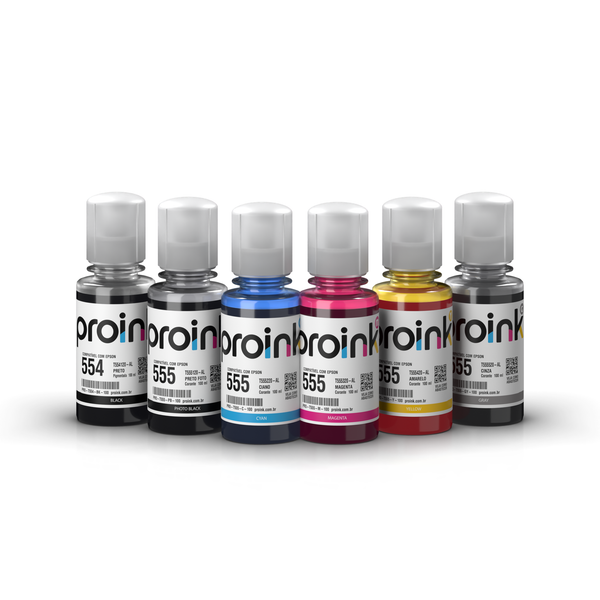 Kit de tintas Proink nas 6 cores, 100 ml com bico EcoFit, compatível com Epson T554 + T555