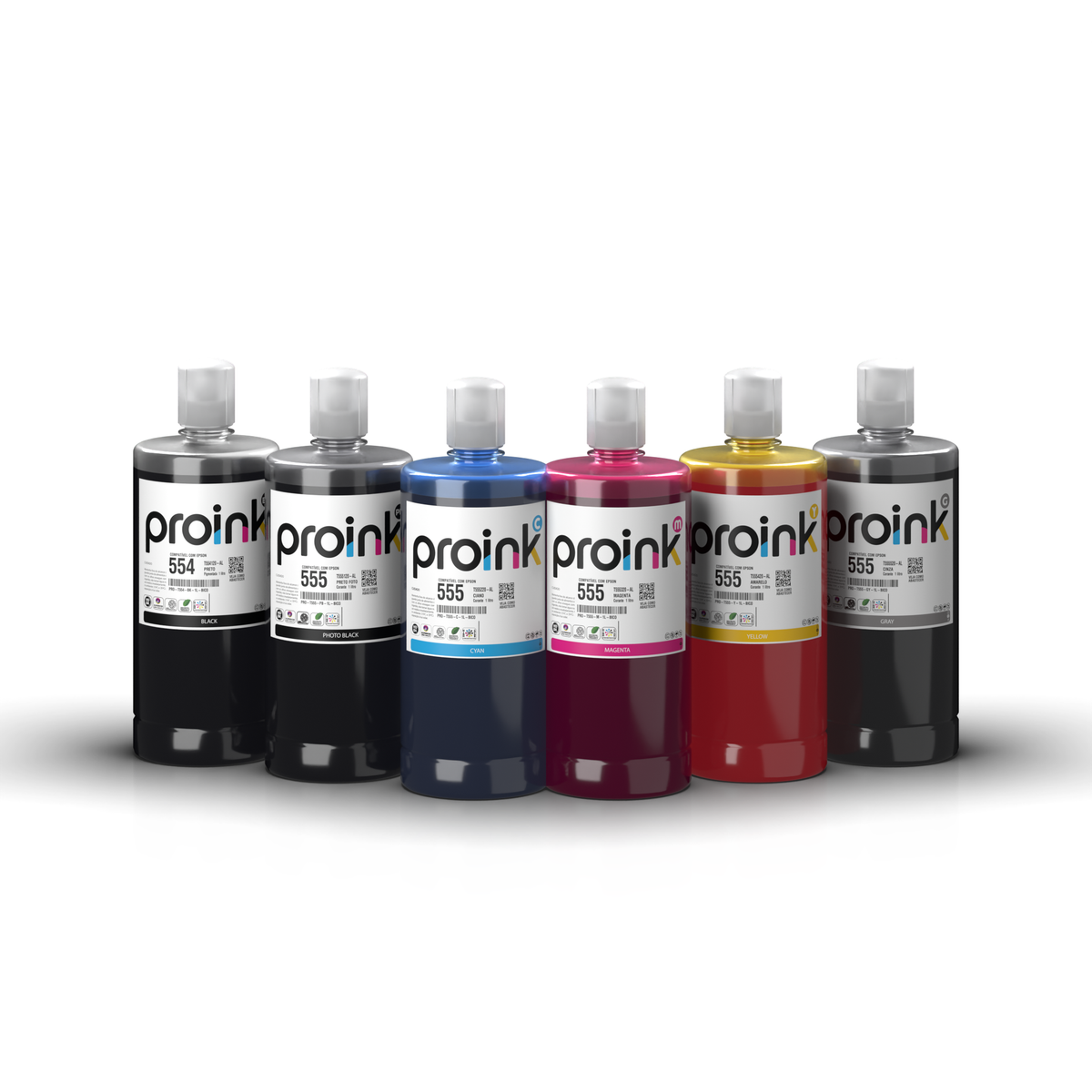 Kit de tintas Proink nas 6 cores, 1 litro com bico EcoFit, compatível com Epson T554 + T555