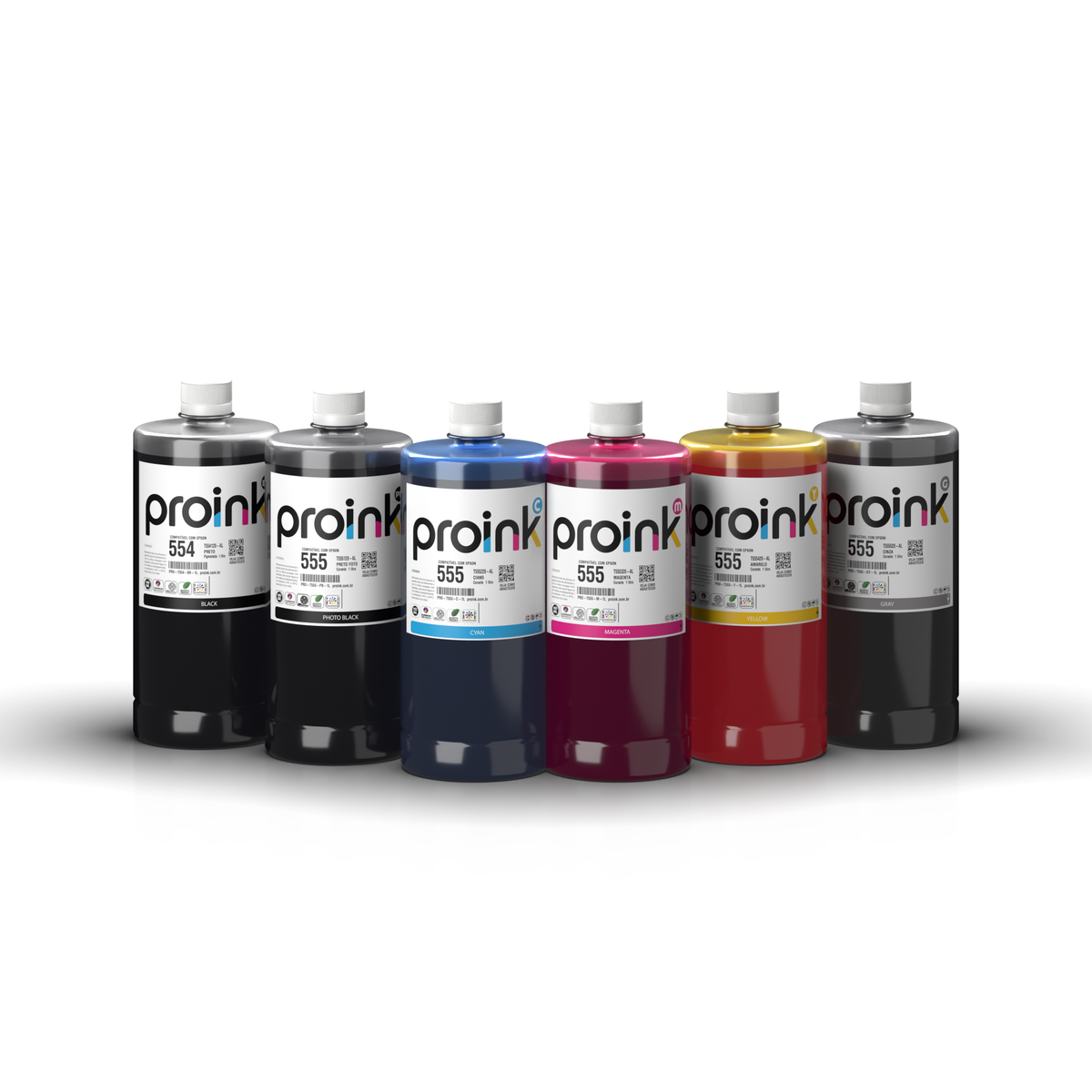 Kit de tintas Proink nas 6 cores, 1 litro com tampa de rosca, compatível com Epson T554 + T555