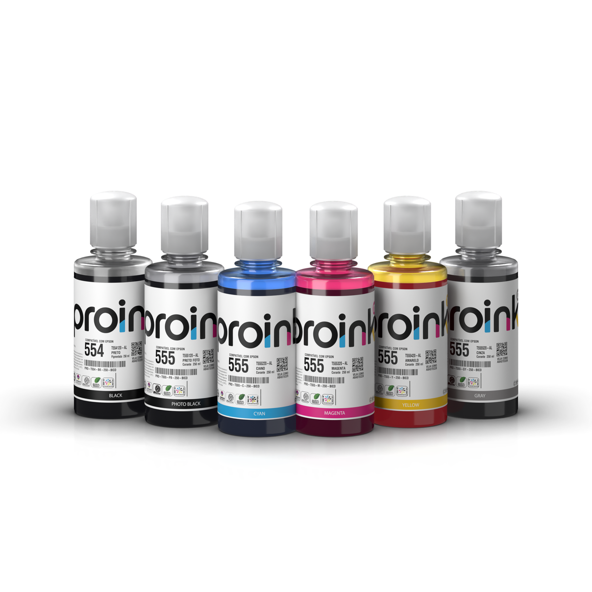 Kit de tintas Proink nas 6 cores, 250 ml com bico EcoFit, compatível com Epson T554 + T555