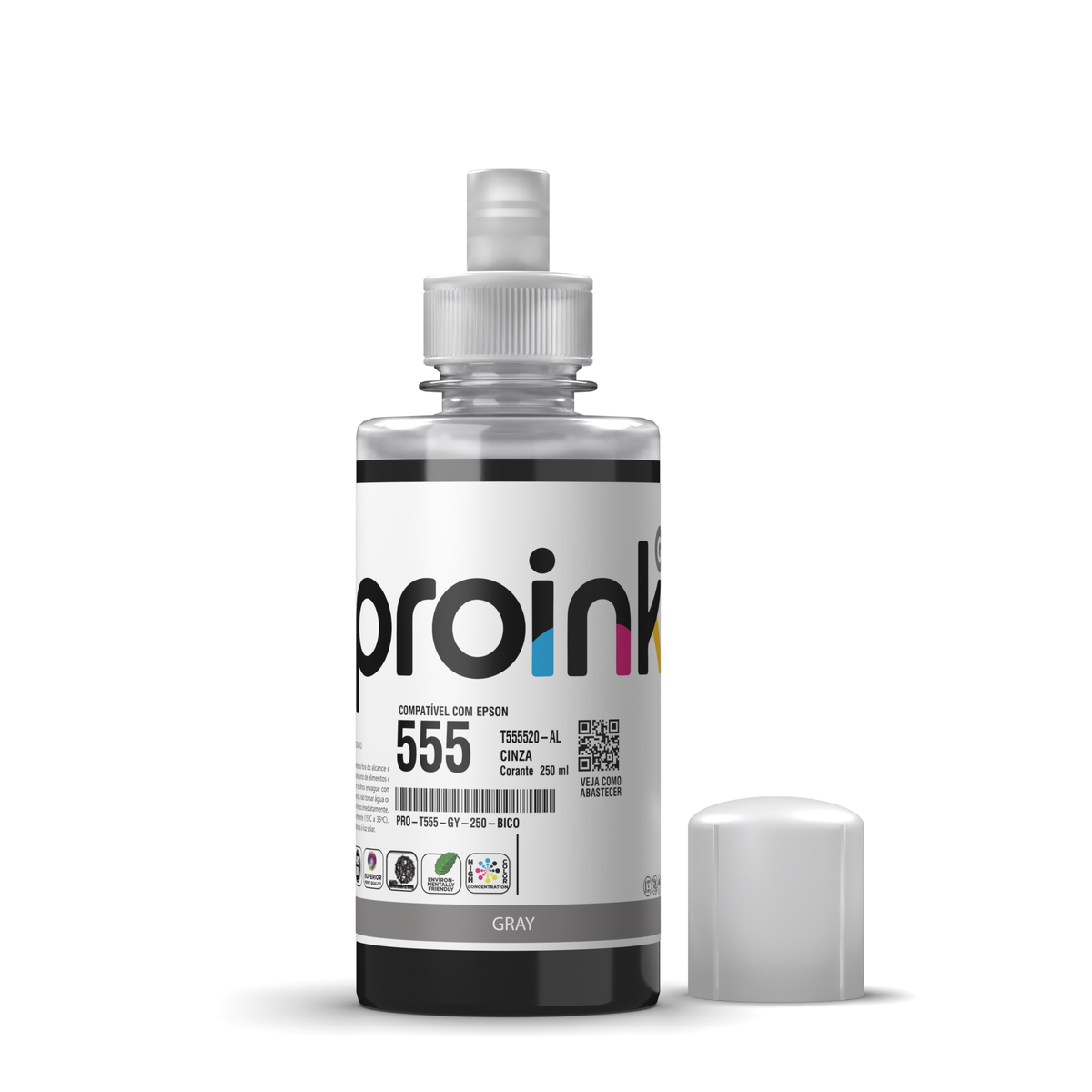 Tinta Proink cinza 250 ml com bico EcoFit, compatível com Epson T555