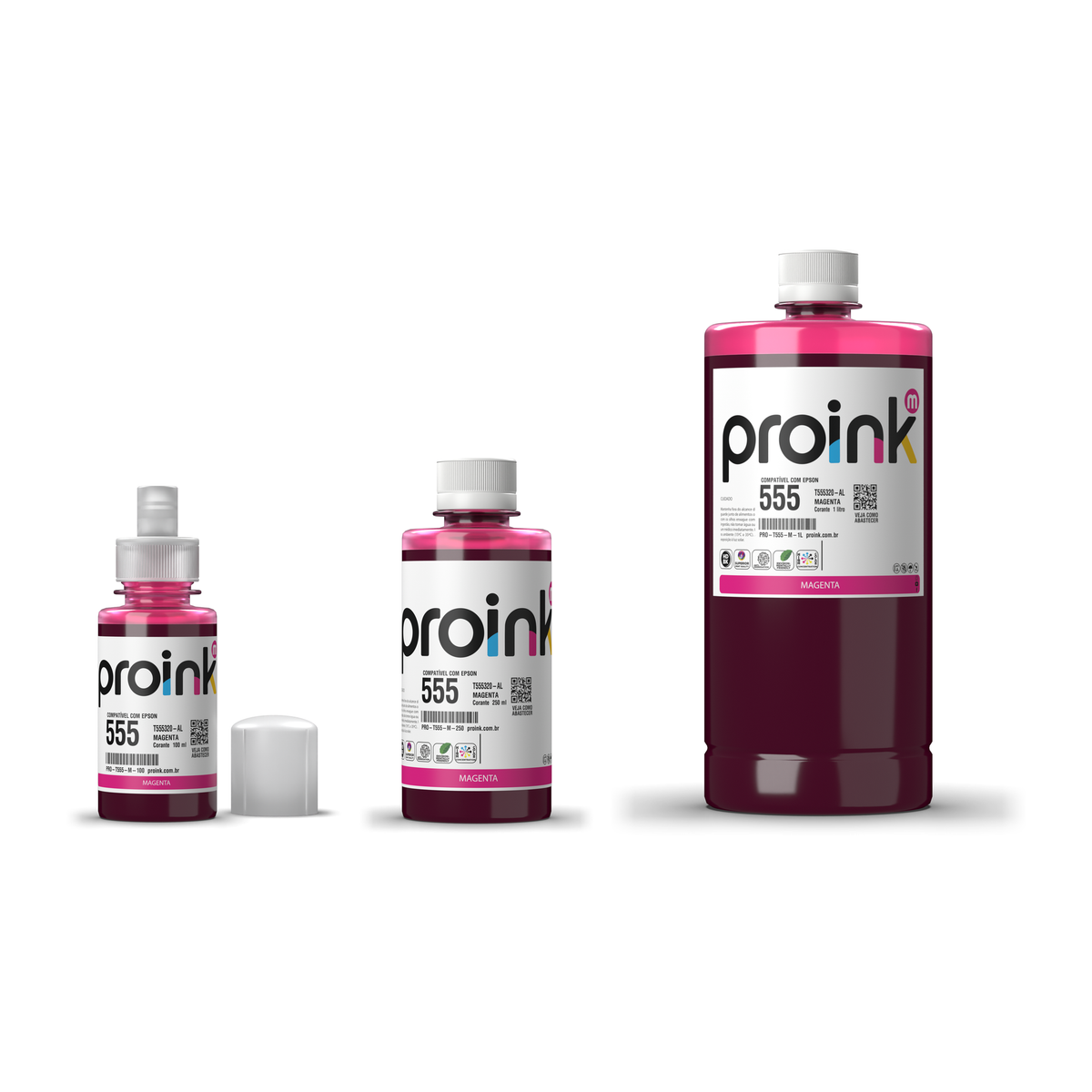 Tinta Proink magenta T555 nos tamanhos 100 ml, 250 ml e 1 litro