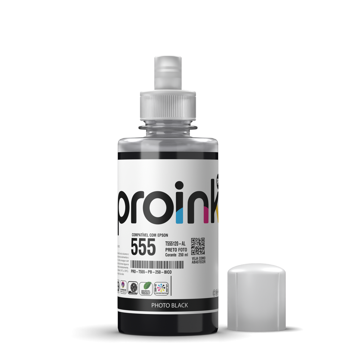 Tinta Proink preto foto 250 ml com bico EcoFit, compatível com Epson T555