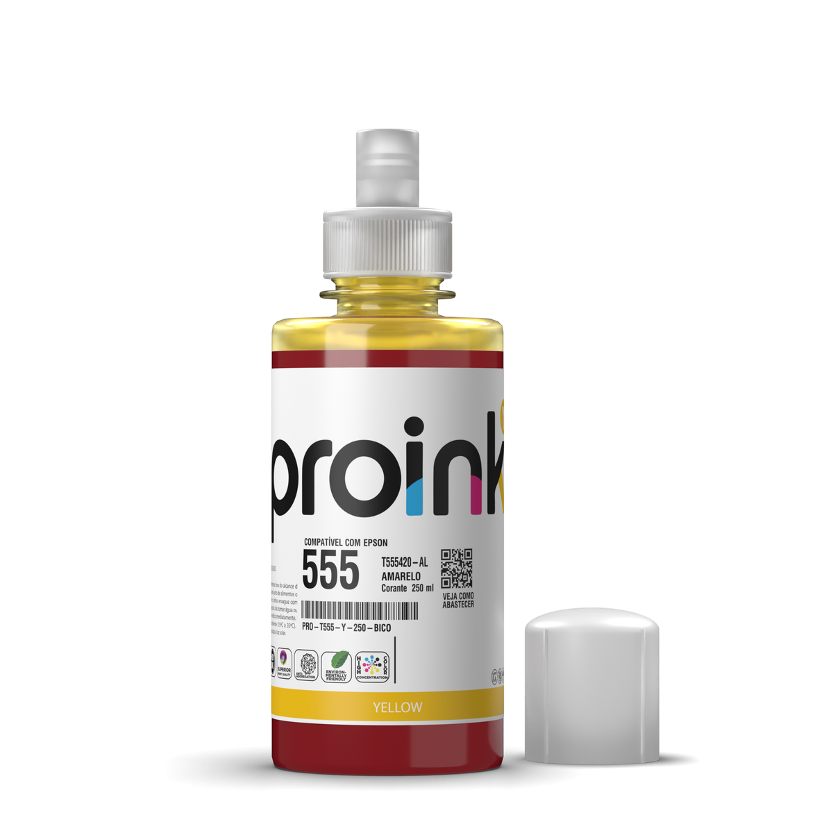 Tinta Proink amarela 250 ml com bico EcoFit, compatível com Epson T555